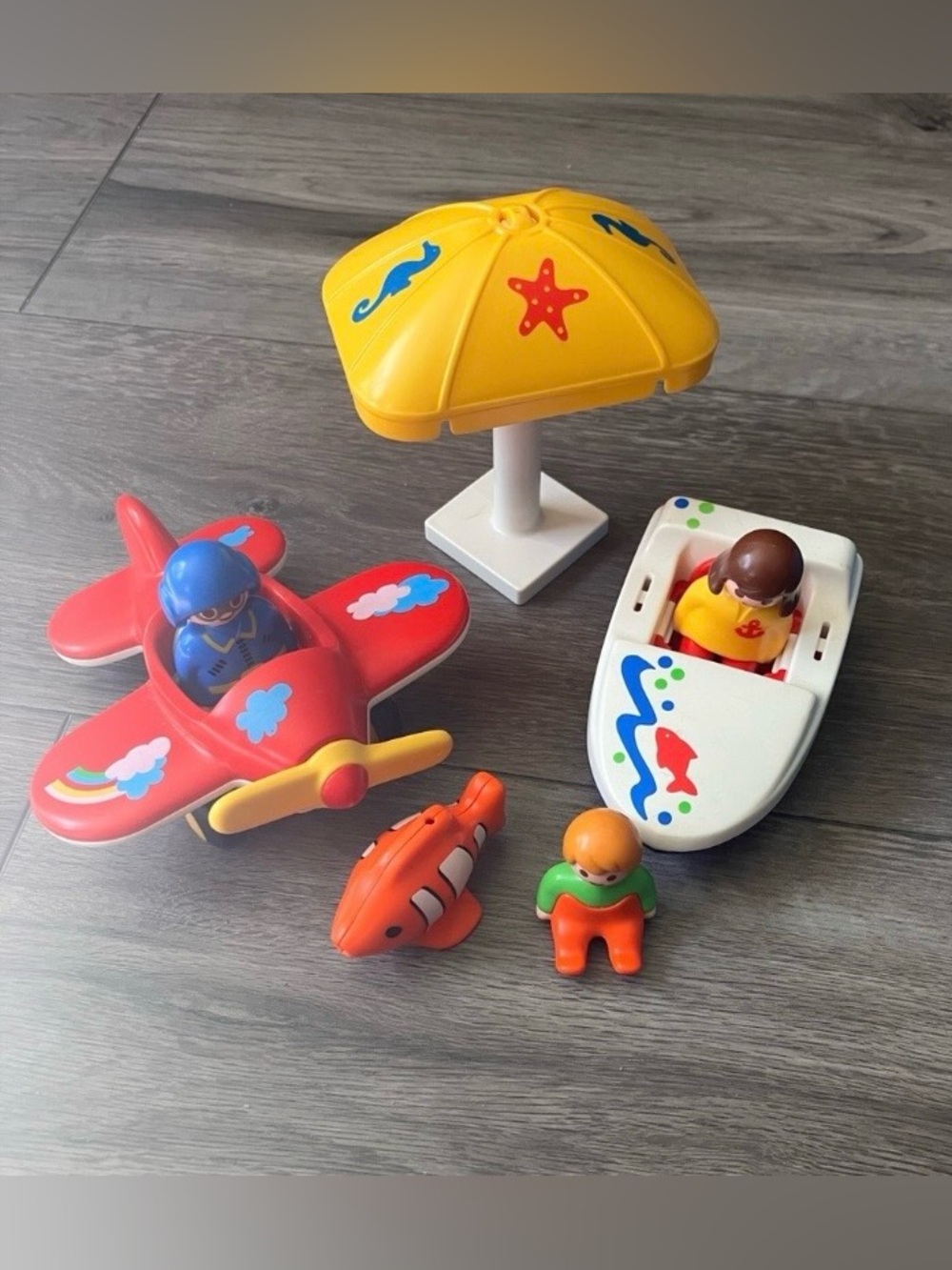 Playmobil 1.2.3 Fun In The Sun Toy Set Airplane Boat Figures Umbrella Fish 6050